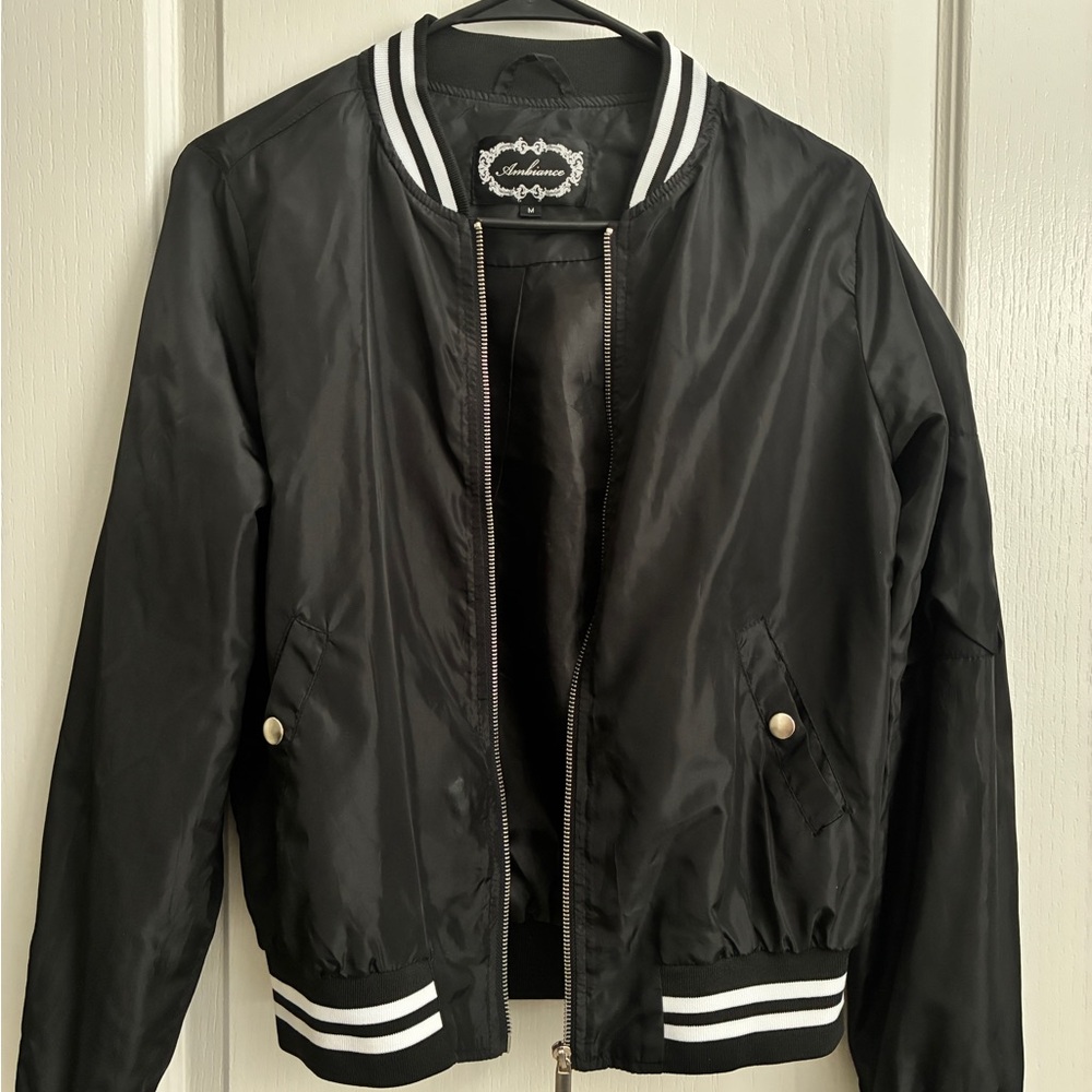 Black Bomber Jacket with Striped Trim